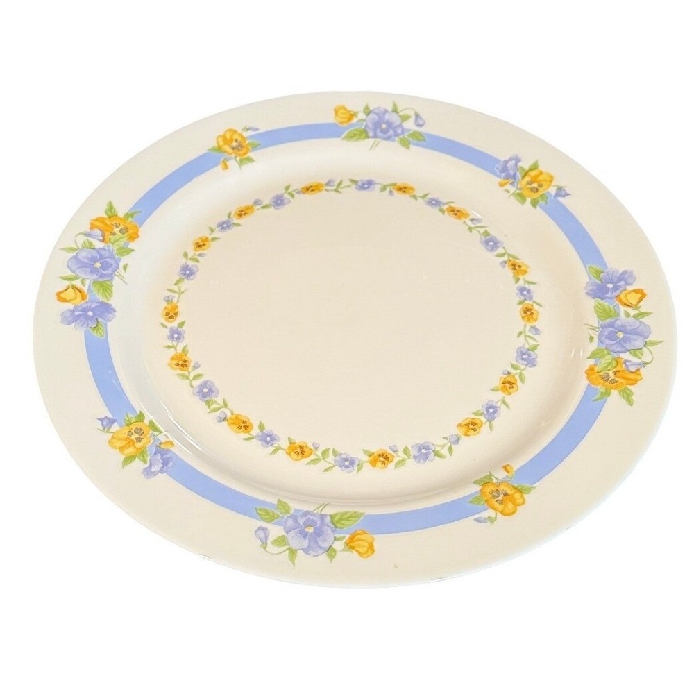 Arcopal France Pansy Floral Charger/Platter Blue Yellow‎ 12" Vintage Opal Glass